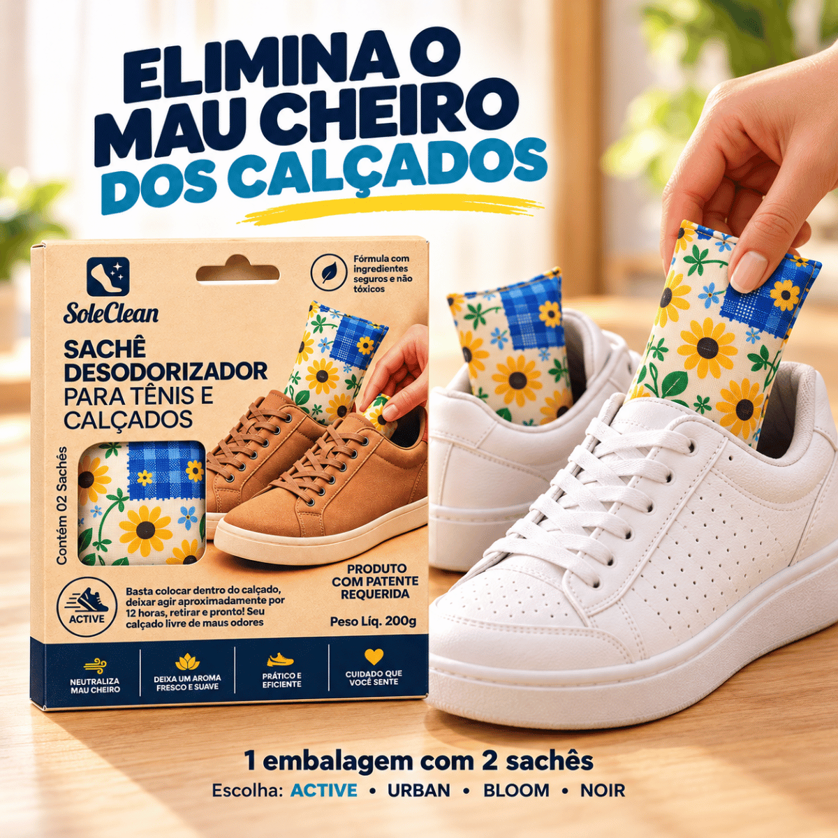 Embalagem SoleClean ao lado de tênis branco com sachê floral